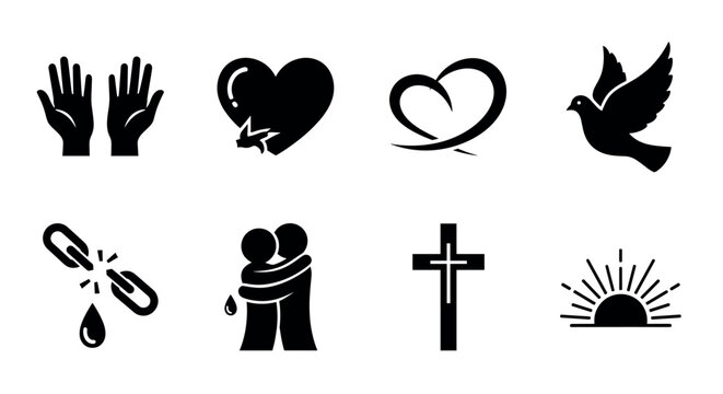 Black silhouette icons depicting hands raised in prayer, a heart with a crack, intertwined hearts, a dove, broken chains, two people in an embrace, a cross, and a sunrise.