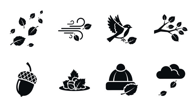 Black silhouette icons depict autumn elements including falling leaves, wind swirls, a bird in flight, a branch with foliage, an acorn, a seasonal hat, and a cloud with leaves.