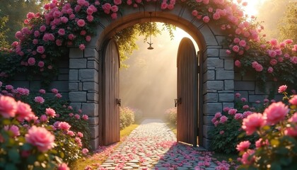 Naklejka premium Stone archway with pink roses. Wooden gate leads to dreamy pathway. Roses petals lie on the stone path. Romantic garden scene with sunlight and mist.