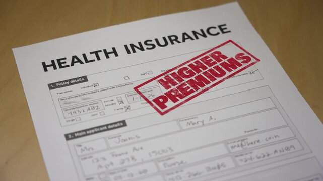 Health insurance form stamped &ldquo;HIGHER PREMIUMS&rdquo; in red, symbolizing rising costs after the end of ACA subsidy credits in 2025. Fictional data on form. 14941  	