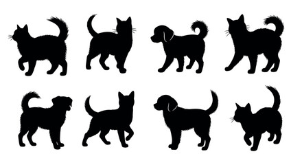 Silhouettes of four cats and four dogs in various poses on a white background.