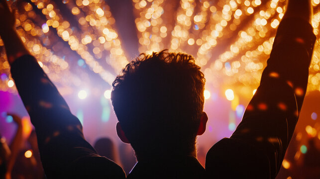 Crowd celebrating Hispanic Heritage Month festival under colorful lights and banners, AI generated