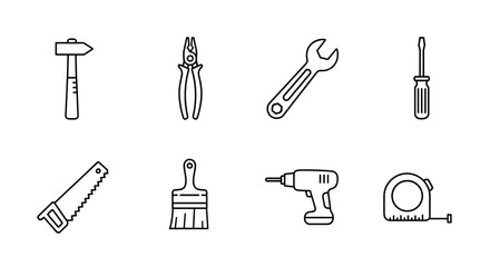 Simple black outline icons of various hand tools including a hammer, pliers, wrench, screwdriver, saw, paintbrush, power drill, and measuring tape.