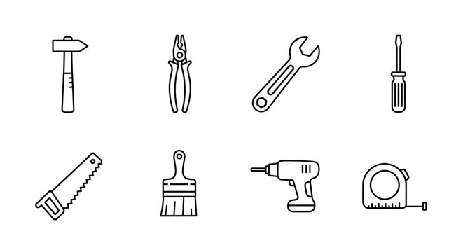 Simple black outline icons of various hand tools including a hammer, pliers, wrench, screwdriver, saw, paintbrush, power drill, and measuring tape.