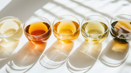 Minimalist flat lay of assorted teas in transparent cups, palette of matte cream, pastel amber, and soft jade, modern abstract design, AI generated
