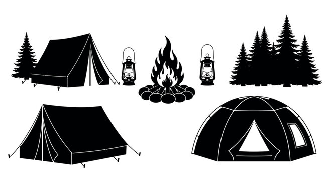 Black silhouette icons of various camping elements including tents, a campfire with stones, lanterns, and pine trees arranged in a cohesive layout.
