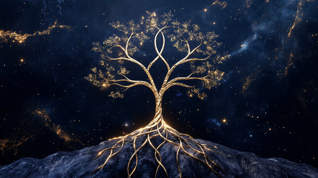 Photorealistic minimalist Tree of Life with stylized Celtic knot roots and branches, subtle cosmic gradient background and refined gold accents, clean sacred geometry composition, elegant illustration