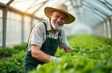 Obraz premium Smiling senior man tending leafy vegetables inside greenhouse. Wears straw hat, work overalls. Sunlight streams through glass structure healthy produce. Image represents sustainable farming, rural