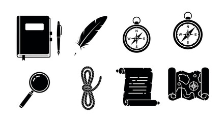 Black silhouette icons of a notebook with pen, quill, compass, magnifying glass, knotted rope, scroll, and map, representing exploration and writing themes.