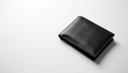 Black leather wallet isolated on white backdrop. Studio shot of a simple elegant wallet. Accessory for business person or stylish men. Minimalist design for fashion. Plain wallet on white.
