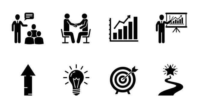 Black icons depicting various business and success concepts including communication, teamwork, growth charts, presentations, goals, and innovation.