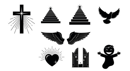 Black and white symbols including a cross with rays, doves, angel wings, a radiant heart, open gates, and a child with outstretched arms, depicting spiritual themes.