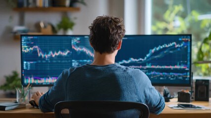 Man analyzing stock market trends in a modern home office with dual monitors filled with data and graphs - Powered by Adobe
