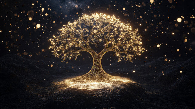 Surreal minimalist Tree of Life with Celtic knot patterns, floating in cosmic gradients with radiant golden accents, ethereal sacred geometry atmosphere, conceptual dreamcore illustration