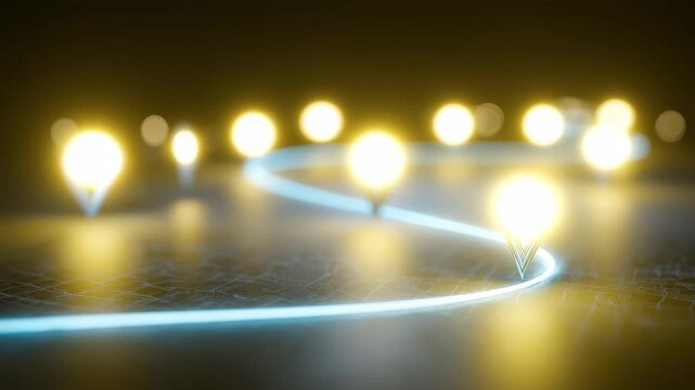 Waypoints light the path in a digital mapping scene at night, showcasing navigation technology and connectivity