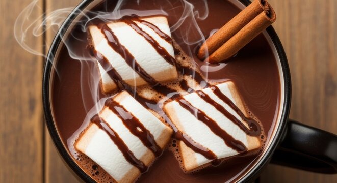 Top view of rich hot chocolate with melting marshmallows and cinnamon stick, steam rising over rustic wooden table, warm cozy lighting, ultra-realistic food texture
