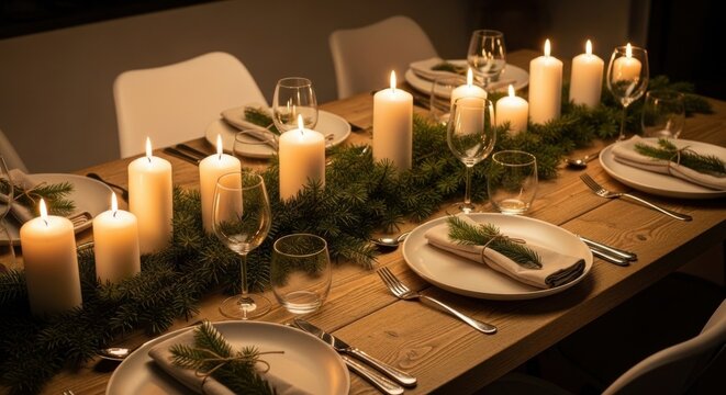 Rustic wooden dining table set for Christmas dinner with beeswax candles, fresh evergreen garland, pinecones, orange slices, ceramic plates, and steaming mulled wine in warm natural light