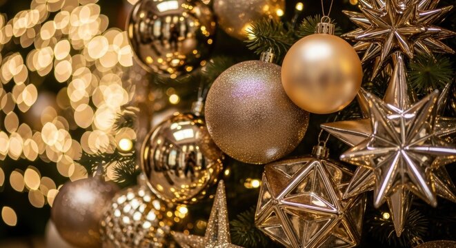Close-up of modern Christmas tree with metallic gold and champagne ornaments, matte and glossy finishes, soft blurred fairy lights, and detailed bokeh in luxurious photorealistic style