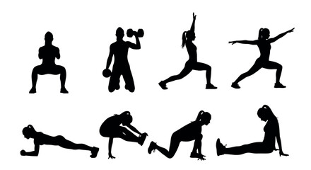 Silhouettes of men and women performing various fitness exercises, including squats, lunges, and yoga on a white background.