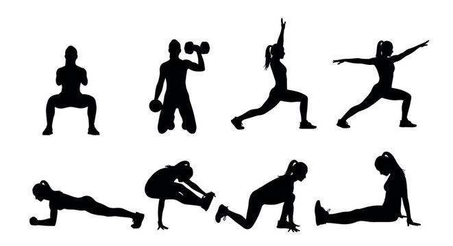 Silhouettes of men and women performing various fitness exercises, including squats, lunges, and yoga on a white background.