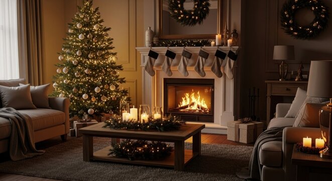 Cozy living room decorated for Christmas with glowing fireplace, full evergreen tree, gold and red ornaments, velvet ribbons, silver star, garland with pinecones and holly, and warm ambient lighting