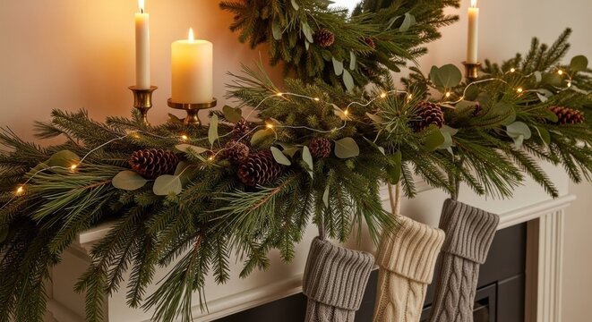Cozy fireplace mantel decorated with lush evergreen garland, pinecones, eucalyptus leaves, warm white fairy lights, brass candle holders, and knitted stockings in soft warm lighting