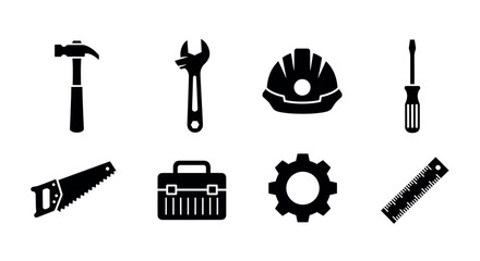 Black silhouette icons of basic tools including hammer, wrench, hard hat, screwdriver, saw, toolbox, gear, and ruler for construction and diy concepts.