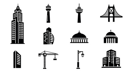 Black silhouette icons of various architectural structures, including skyscrapers, towers, a bridge, a crane, and street lamps.