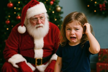 Child crying in front of Santa Claus with a worried expression in a festive room