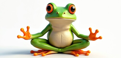 Fototapeta premium Green cartoon frog character meditates in yoga lotus pose. Cute animal practices mindfulness for relaxation, calm. Zen amphibian finds spiritual balance, inner peace on white background, isolated.