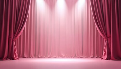 Abstract pink stage with light spots. Theater stage prepared for opera performance. Curtains design in auditorium for concert presentation, show, pink wallpaper backdrop. Smooth soft decoration for