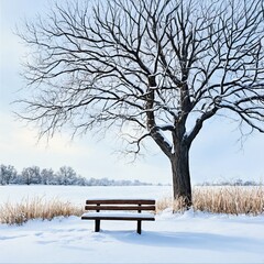 Snowy bench under bare tree in winter field near frozen lake
