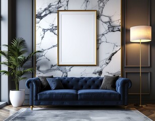 Elegant luxury living room with a gold-trimmed poster frame on a marble wall, velvet sofa, ambient lighting, modern chic decor, cinematic composition, high-quality 3D render
