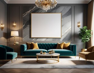 Elegant luxury living room with a gold-trimmed poster frame on a marble wall, velvet sofa, ambient lighting, modern chic decor, cinematic composition, high-quality 3D render
