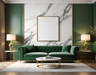 Elegant luxury living room with a gold-trimmed poster frame on a marble wall, velvet sofa, ambient lighting, modern chic decor, cinematic composition, high-quality 3D render
