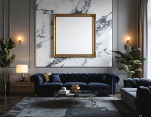 Elegant luxury living room with a gold-trimmed poster frame on a marble wall, velvet sofa, ambient lighting, modern chic decor, cinematic composition, high-quality 3D render
