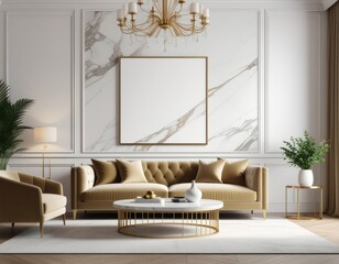 Elegant luxury living room with a gold-trimmed poster frame on a marble wall, velvet sofa, ambient lighting, modern chic decor, cinematic composition, high-quality 3D render
