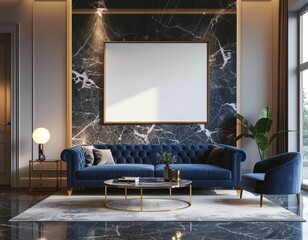 Elegant luxury living room with a gold-trimmed poster frame on a marble wall, velvet sofa, ambient lighting, modern chic decor, cinematic composition, high-quality 3D render
