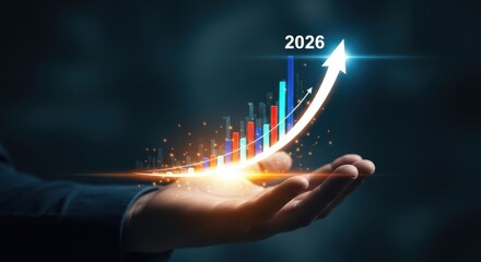 Business Growth and Financial Success Forecast for 2026: Hand Holding a Digital Graph with a Rapidly Rising Arrow Indicating Strong Market Progress and Investment.