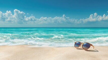 Sunglasses lie on soft sand with gentle waves lapping at the shore under a bright blue sky.