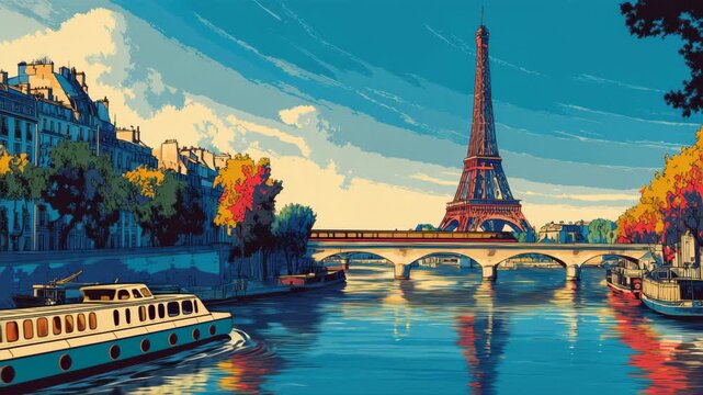 Eiffel Tower stands tall over the Seine River as boats drift smoothly under the arched bridge during a vibrant afternoon in Paris