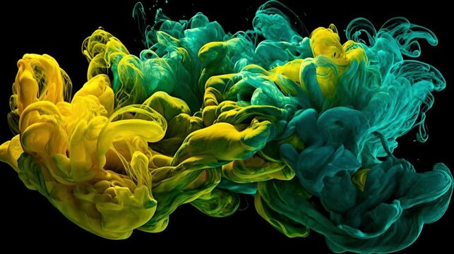 Vibrant yellow and turquoise swirls of ink dynamically mingle in a mesmerizing dance, displaying fluid movement and vibrant colors. The camera pans, revealing the continuous flow and transformation.