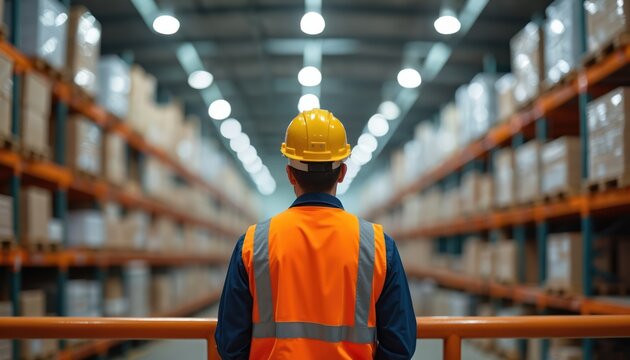 Warehouse worker in safety vest and hard hat observes. Logistic employee looks at storage shelves with packed boxes. Person controls warehouse stock. Distribution center. Warehouse management at work. - Powered by Adobe