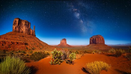 Golden Desert Landscape With Cacti Mesas And Buttes Under A Dark Night Sky In Monument Valley Utah Usa