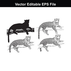 Fototapeta premium Four leopards resting on tree branches, one black silhouette and three spotted