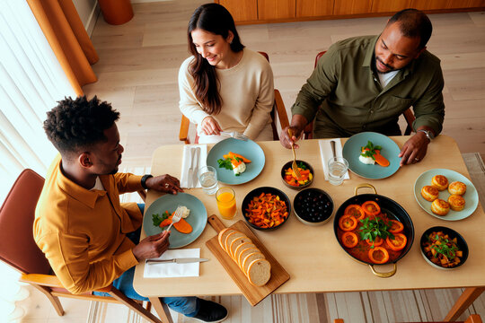 Young adult Black man, young adult Caucasian woman, and young adult Black man sitting at table eating lunch together, sharing bread, vegetables, and juice, smiling and interacting