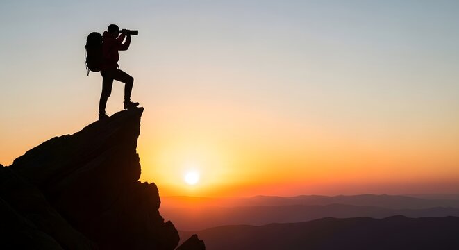Adventurous explorer silhouetted on a rocky peak at sunrise, using binoculars to scan the vast horizon for new opportunities and distant goals