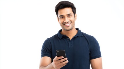 A joyful young man stands in a simple setting holding a mobile device and smiling brightly.