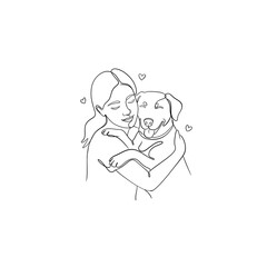 Minimalist one line drawing of woman hugging her dog, love and friendship concept, pet care line art illustration.