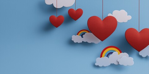 Paper hearts clouds and rainbows on blue background